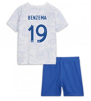 Francja Karim Benzema #19 Koszulka Wyjazdowych Dziecięca MŚ 2022 Krótki Rękaw (+ Krótkie spodenki)